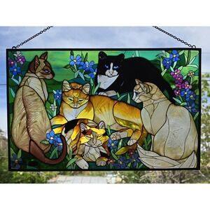 Joan Baker Stained Glass Suncatcher 'Tiffany Cats' 10x 16" Window Hanging Art